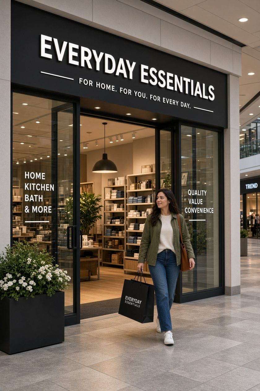 A customer leaving an independent home goods shop with a shopping bag